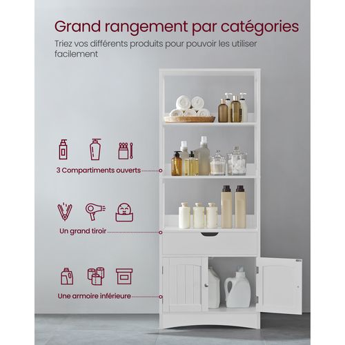 Meuble De Salle De Bain Avec 3 Compartiments Ouverts, 1 Tiroir, 1 Placard, 60 X 32,5 X 154 Cm