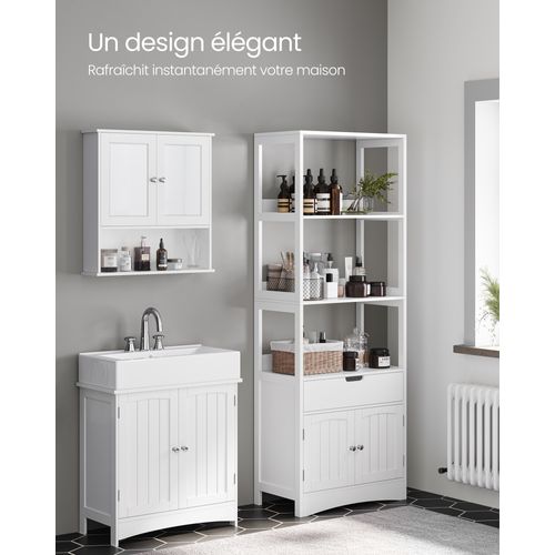 Meuble De Salle De Bain Avec 3 Compartiments Ouverts, 1 Tiroir, 1 Placard, 60 X 32,5 X 154 Cm
