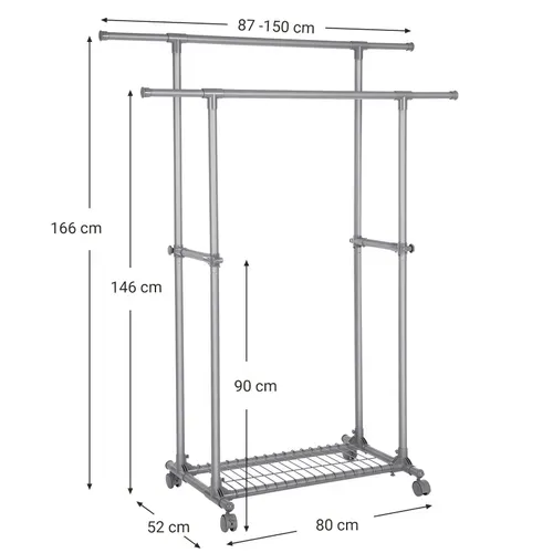 Portant Double Barre, Mobile, Extensible Entre 87 à 150 Cm, Avec Roulettes Et Étagère De Rangement
