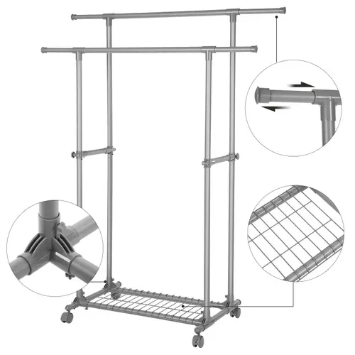 Portant Double Barre, Mobile, Extensible Entre 87 à 150 Cm, Avec Roulettes Et Étagère De Rangement
