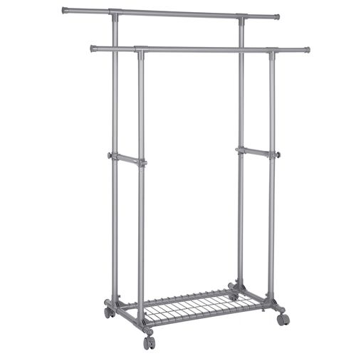 Portant Double Barre, Mobile, Extensible Entre 87 à 150 Cm, Avec Roulettes Et Étagère De Rangement