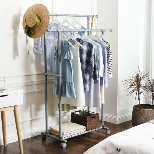 Portant Double Barre, Mobile, Extensible Entre 87 à 150 Cm, Avec Roulettes Et Étagère De Rangement