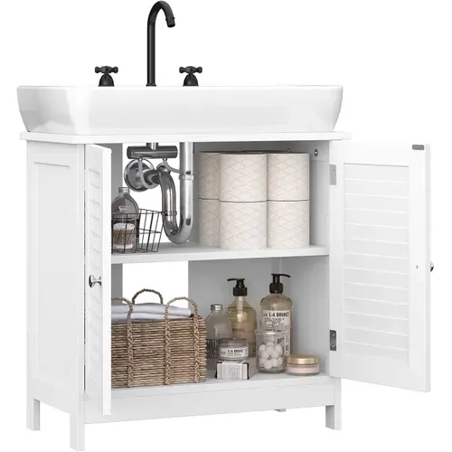 Meuble Sous Vasque, 60 X 30 X 60 Cm, Avec 2 Portes Persiennes, Style Nordique Scandinave, Blanc Mat