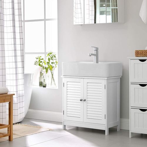 Meuble Sous Vasque, 60 X 30 X 60 Cm, Avec 2 Portes Persiennes, Style Nordique Scandinave, Blanc Mat