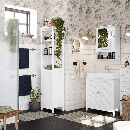 Meuble Sous Vasque, 60 X 30 X 60 Cm, Avec 2 Portes Persiennes, Style Nordique Scandinave, Blanc Mat