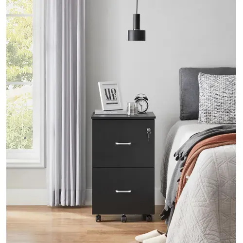 Caisson De Bureau Mobile, Avec Serrure, 2 Tiroirs, Système De Blocage Des Roulettes Noir