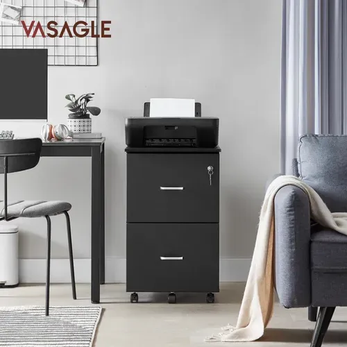 Caisson De Bureau Mobile, Avec Serrure, 2 Tiroirs, Système De Blocage Des Roulettes Noir