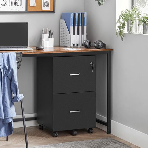 Caisson De Bureau Mobile, Avec Serrure, 2 Tiroirs, Système De Blocage Des Roulettes Noir