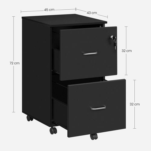 Caisson De Bureau Mobile, Avec Serrure, 2 Tiroirs, Système De Blocage Des Roulettes Noir