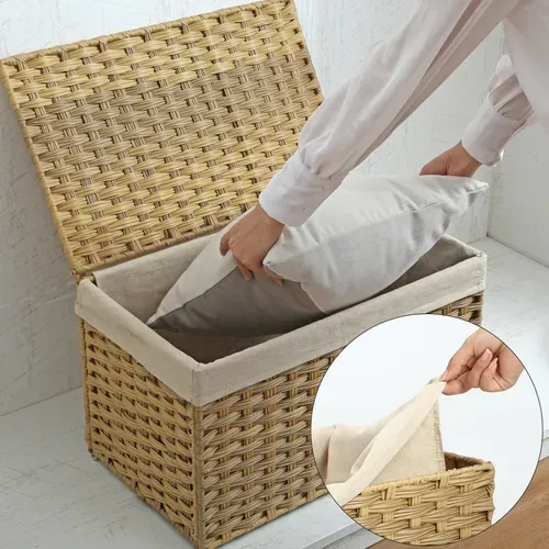 Boîte De Rangement Rotin, Panier à Linge 65 L, Avec Poignées, Doublure, Couvercle