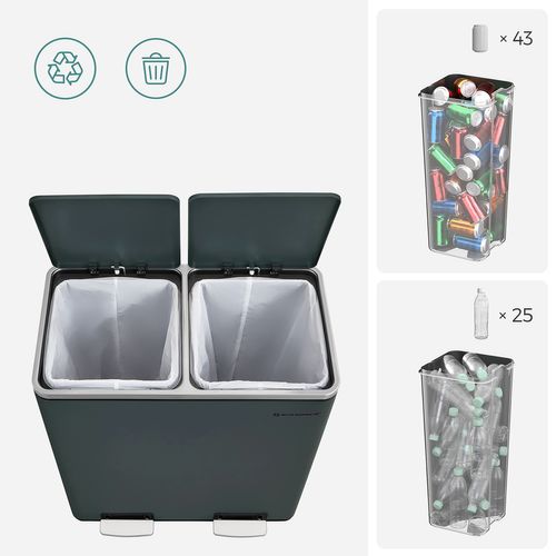 Poubelle Tri Sélectif 2 X 30l, Avec 15 Sacs Poubelles, Fermeture En Douceur Gris Anthracite
