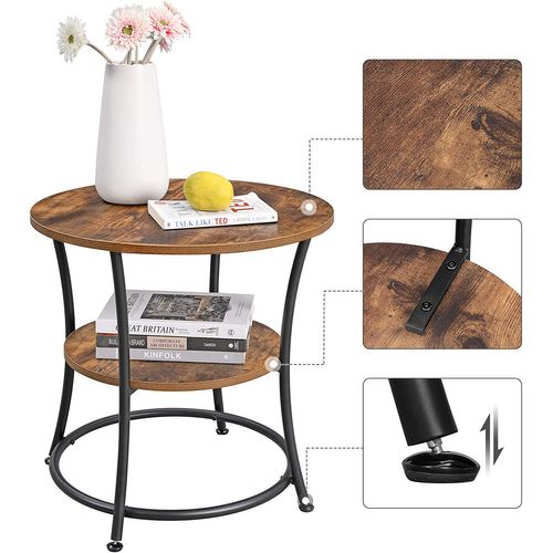 Table D'appoint Ronde Industrielle En Noyer Et Métal - 50 Cm De Diamètre - Design 2 Niveaux Avec étagère Maille