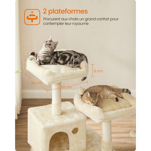 Arbre à Chat 141.8 cm, avec 11 Poteaux à Griffer, 2 Plateformes, à Plusieurs Niveaux, Beige