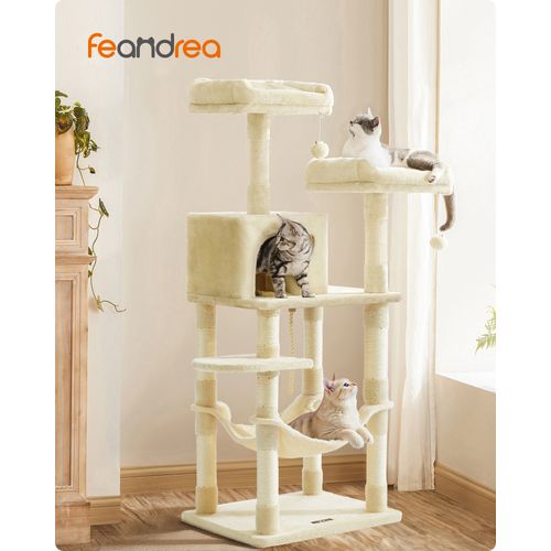 Arbre à Chat 141.8 cm, avec 11 Poteaux à Griffer, 2 Plateformes, à Plusieurs Niveaux, Beige