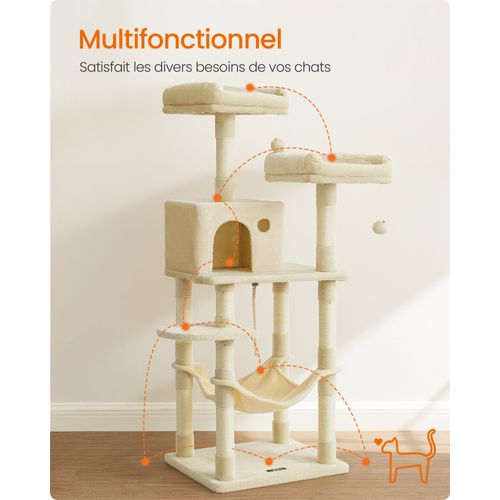 Arbre à Chat 141.8 cm, avec 11 Poteaux à Griffer, 2 Plateformes, à Plusieurs Niveaux, Beige