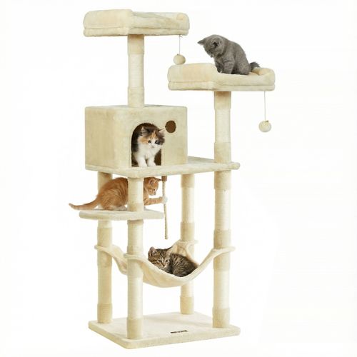 Arbre à Chat 141.8 cm, avec 11 Poteaux à Griffer, 2 Plateformes, à Plusieurs Niveaux, Beige