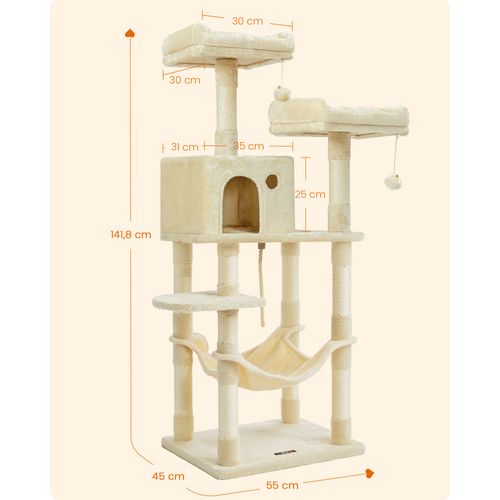 Arbre à Chat 141.8 cm, avec 11 Poteaux à Griffer, 2 Plateformes, à Plusieurs Niveaux, Beige
