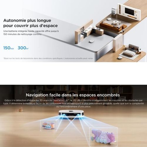 J12 Ultra - Robot Aspirateur Laveur Avec Station Automatique De Vidange - Serpilliere Rotative - Do