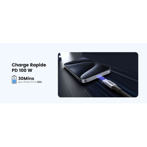 Câble USB-c Vers USB-c 1 M 100w Pd 5a Nylon Renforcé — Noir