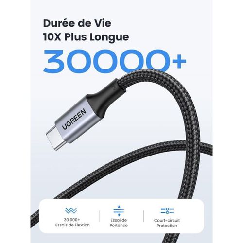 Câble USB-c Vers USB-c 1 M 100w Pd 5a Nylon Renforcé — Noir