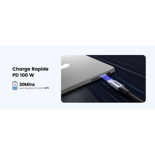 Câble USB-c Vers USB-c 1 M 100w Pd 5a Nylon Renforcé — Noir