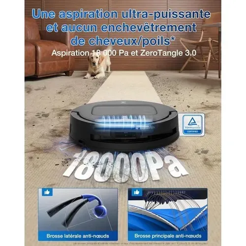 T80 Omni - Robot Aspirateur Laveur - 18 000 Pa - Nettoyage Automatique Instantané Ozmo Roller - Zer