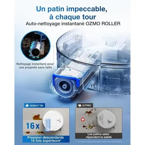 T80 Omni - Robot Aspirateur Laveur - 18 000 Pa - Nettoyage Automatique Instantané Ozmo Roller - Zer