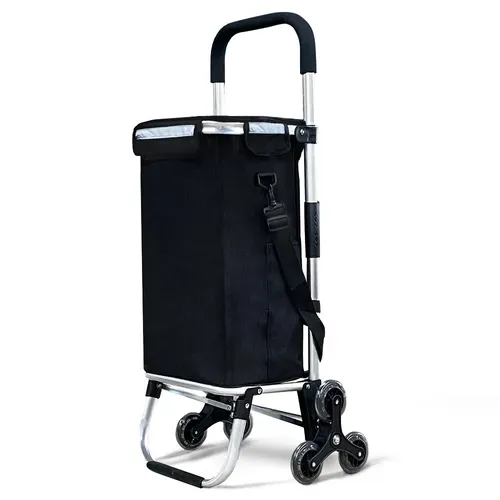 Chariot De Courses Pliable Monte Escalier Aluminium Avec Sac Isotherme Noir
