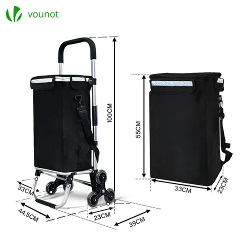 Chariot De Courses Pliable Monte Escalier Aluminium Avec Sac Isotherme Noir