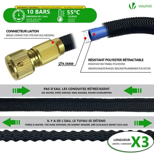 Tuyau D’arrosage Extensible 15m Avec Récipient Savon Et Accessoires Noir