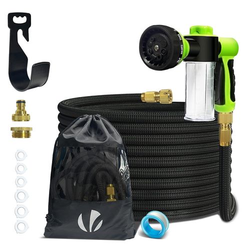 Tuyau D’arrosage Extensible 15m Avec Récipient Savon Et Accessoires Noir
