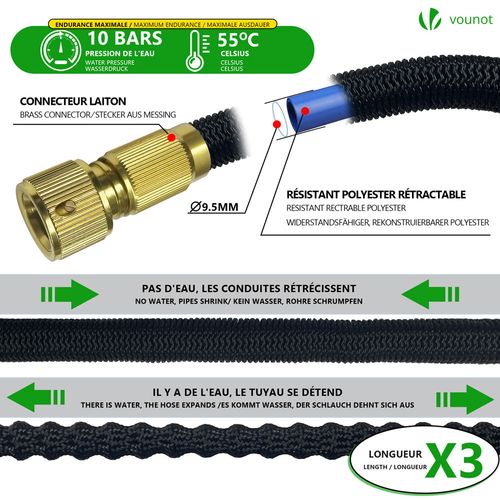 Tuyau D’arrosage Extensible 30m Avec Récipient Savon Et Accessoires Noir