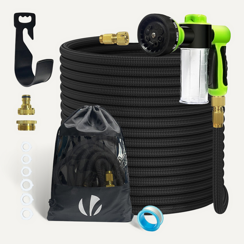 Tuyau D’arrosage Extensible 30m Avec Récipient Savon Et Accessoires Noir