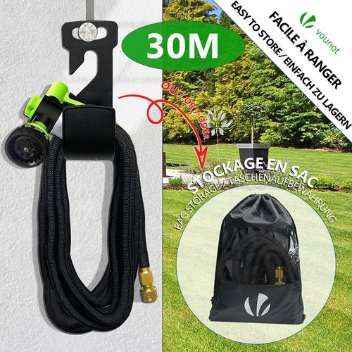 Tuyau D’arrosage Extensible 30m Avec Récipient Savon Et Accessoires Noir
