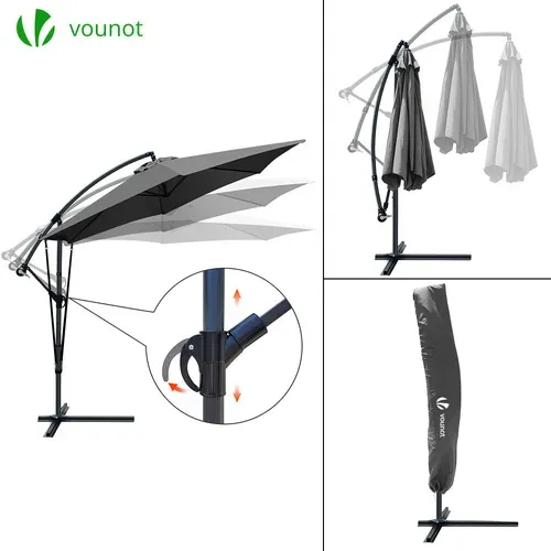 Parasol Déporté 3m Avec Housse De Protection Et Sangle De Fixation Gris