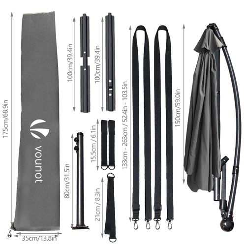 Parasol Déporté 3m Avec Housse De Protection Et Sangle De Fixation Gris