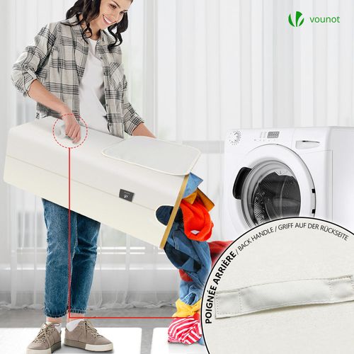 Panier à Linge Pliable 100l Avec Sac Intérieur Cadre Bambou Et Couvercle Beige