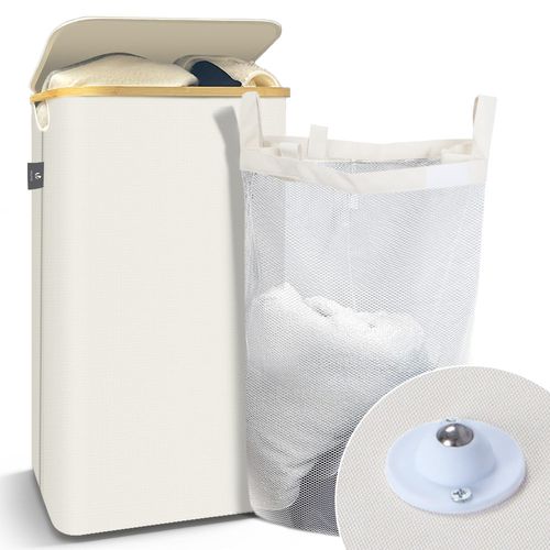 Panier à Linge Pliable 100l Avec Sac Intérieur Cadre Bambou Et Couvercle Beige