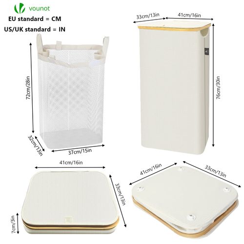 Panier à Linge Pliable 100l Avec Sac Intérieur Cadre Bambou Et Couvercle Beige