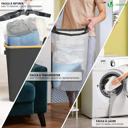 Panier à Linge Pliable 145l Avec Sac Intérieur Cadre Bambou Et Couvercle Gris