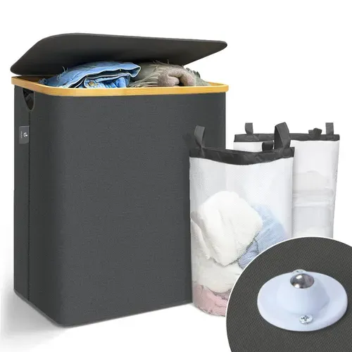 Panier à Linge Pliable 145l Avec Sac Intérieur Cadre Bambou Et Couvercle Gris