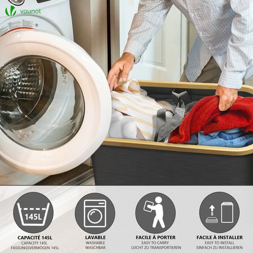 Panier à Linge Pliable 145l Avec Sac Intérieur Cadre Bambou Et Couvercle Gris