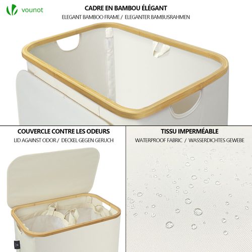 Panier à Linge Pliable 145l Avec Sac Intérieur Cadre Bambou Et Couvercle Beige