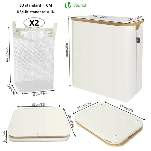 Panier à Linge Pliable 145l Avec Sac Intérieur Cadre Bambou Et Couvercle Beige