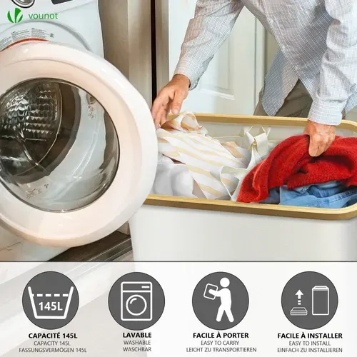 Panier à Linge Pliable 145l Avec Sac Intérieur Cadre Bambou Et Couvercle Beige
