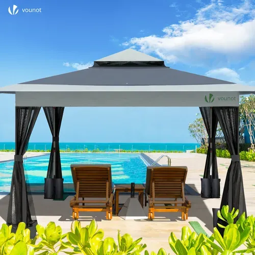 Tonnelle De Jardin Exterieure Pliable Avec Moustiquaire Pop Up 3.6x3.6m Gris