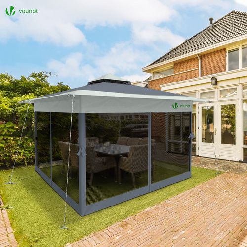 Tonnelle De Jardin Exterieure Pliable Avec Moustiquaire Pop Up 3.6x3.6m Gris
