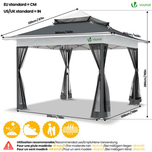 Tonnelle De Jardin Exterieure Pliable Avec Moustiquaire Pop Up 3.6x3.6m Gris