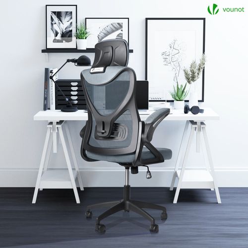 Fauteuil De Bureau Ergonomique Pivotant Avec Appui Tête Et Dossier Toile Respirant Gris