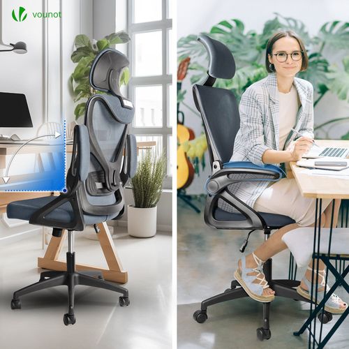 Fauteuil De Bureau Ergonomique Pivotant Avec Appui Tête Et Dossier Toile Respirant Gris